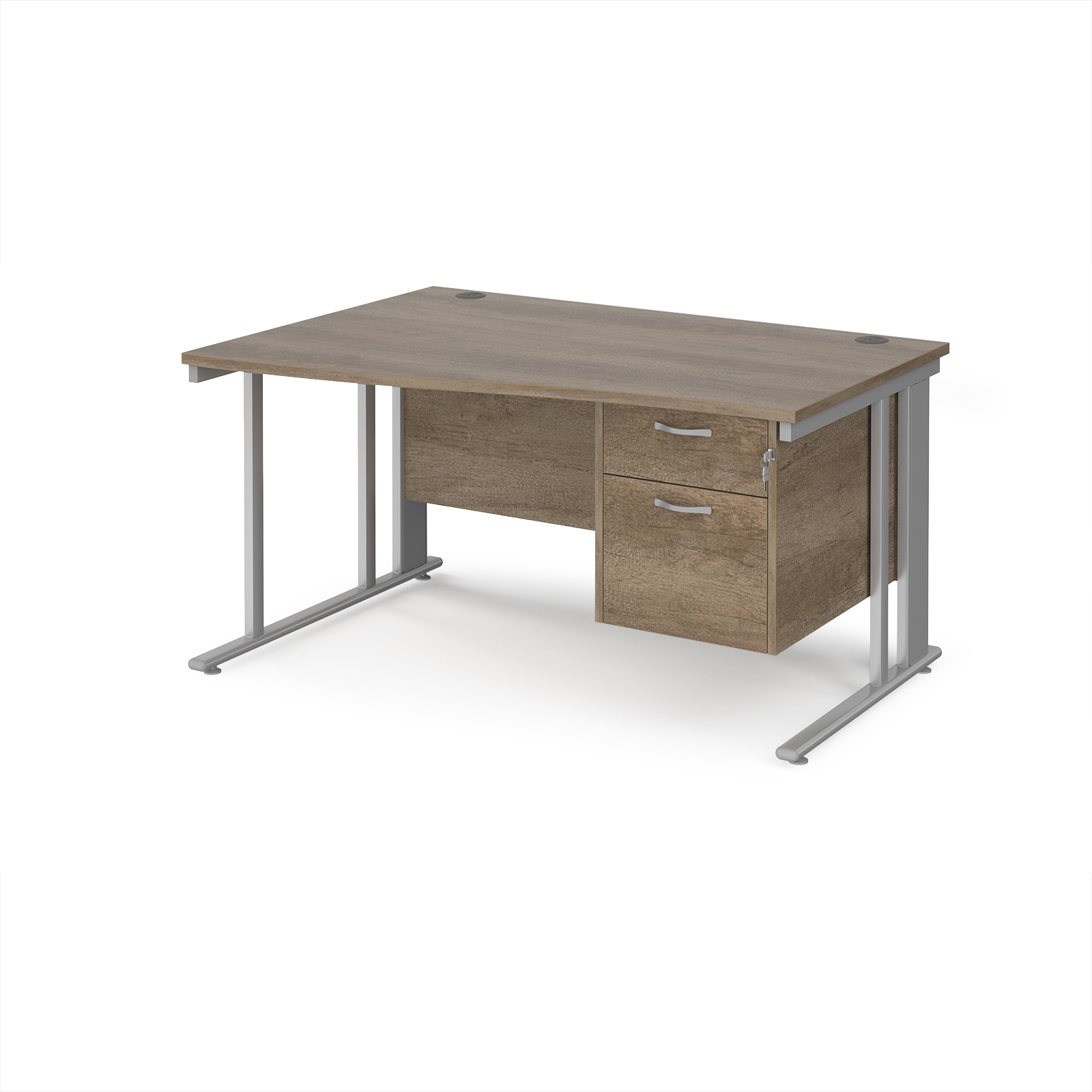 Picture of Maestro 25 left hand wave desk 1400mm wide with 2 drawer pedestal - silver cable managed leg frame, Nebraska Oak Top