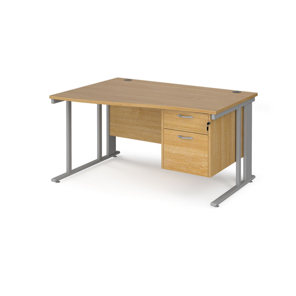 Picture of Maestro 25 left hand wave desk 1400mm wide with 2 drawer pedestal - silver cable managed leg frame, oak top