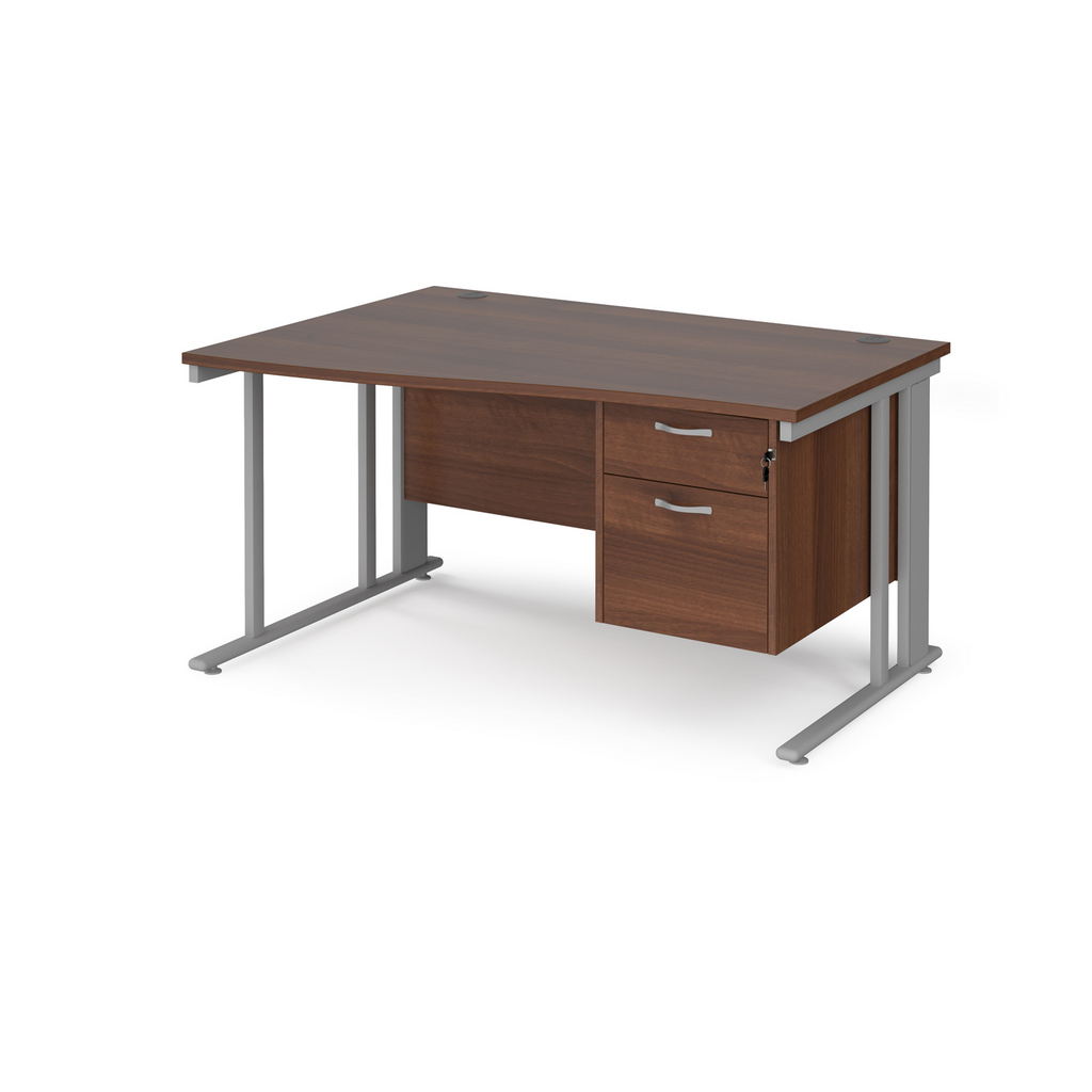 Picture of Maestro 25 left hand wave desk 1400mm wide with 2 drawer pedestal - silver cable managed leg frame, walnut top