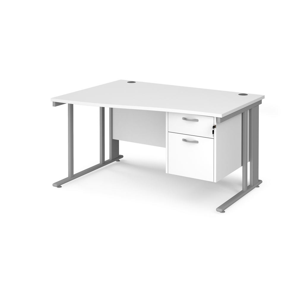 Picture of Maestro 25 left hand wave desk 1400mm wide with 2 drawer pedestal - silver cable managed leg frame, white top