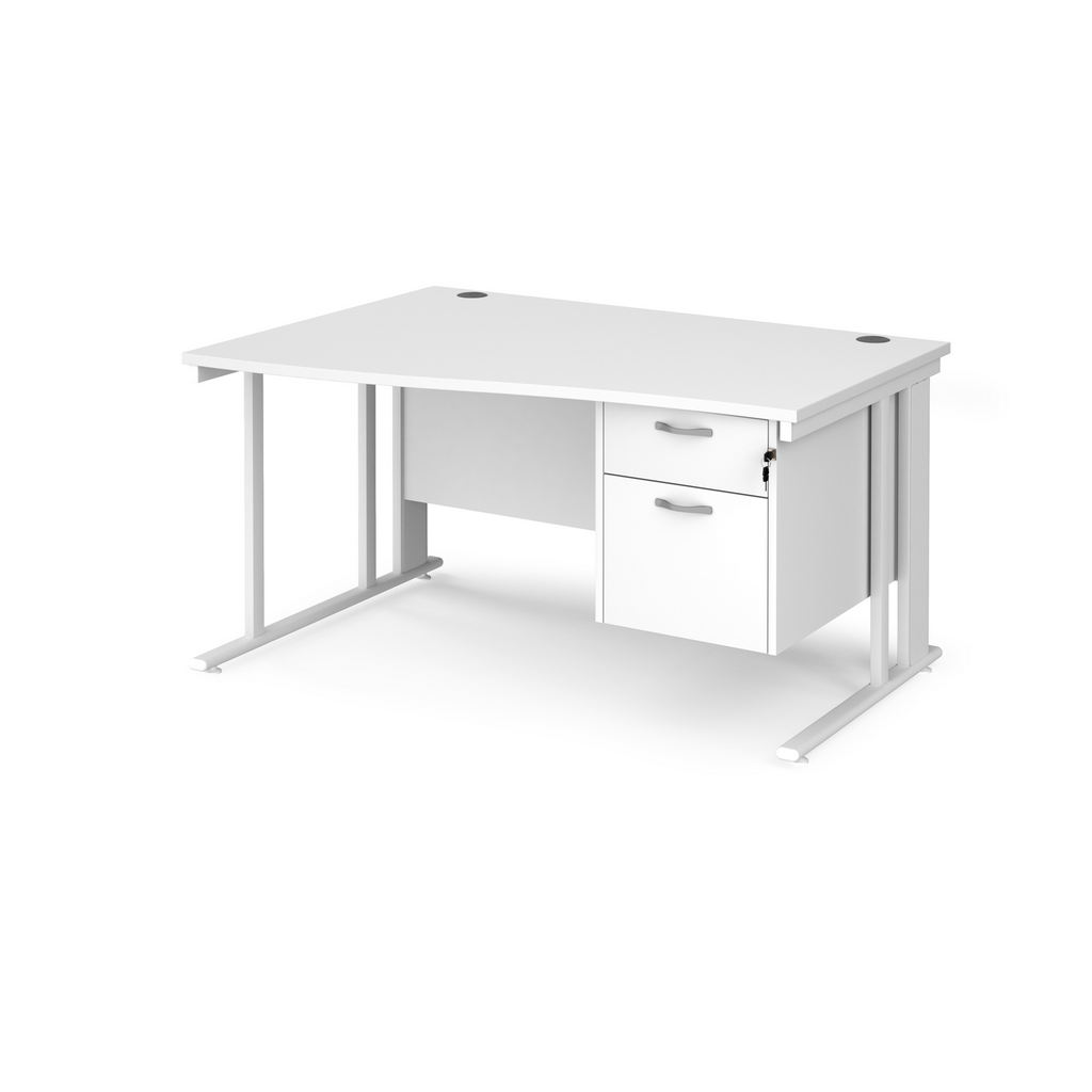 Picture of Maestro 25 left hand wave desk 1400mm wide with 2 drawer pedestal - white cable managed leg frame, white top