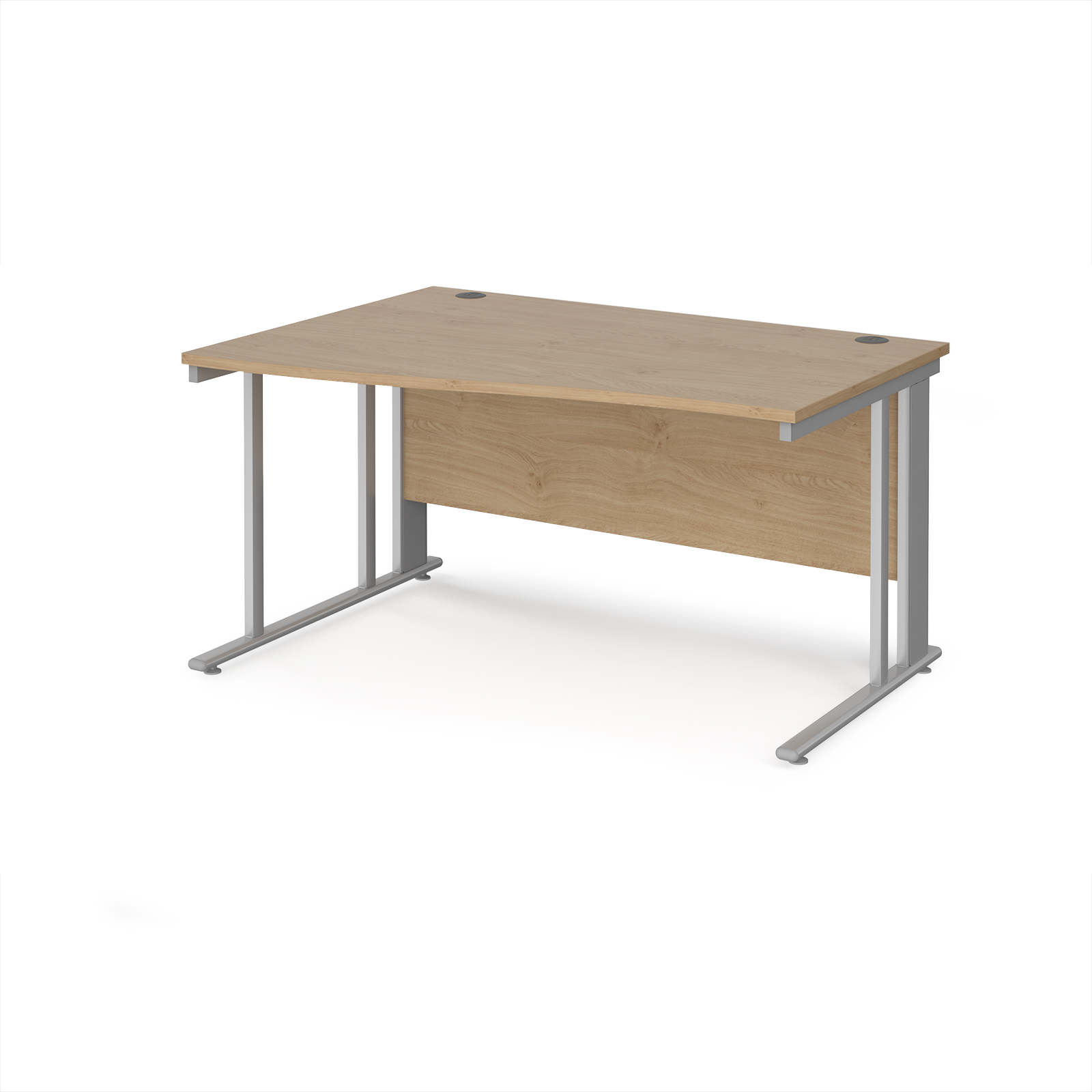 Picture of Maestro 25 left hand wave desk 1400mm wide - silver cable managed leg frame, Kendal Oak Top