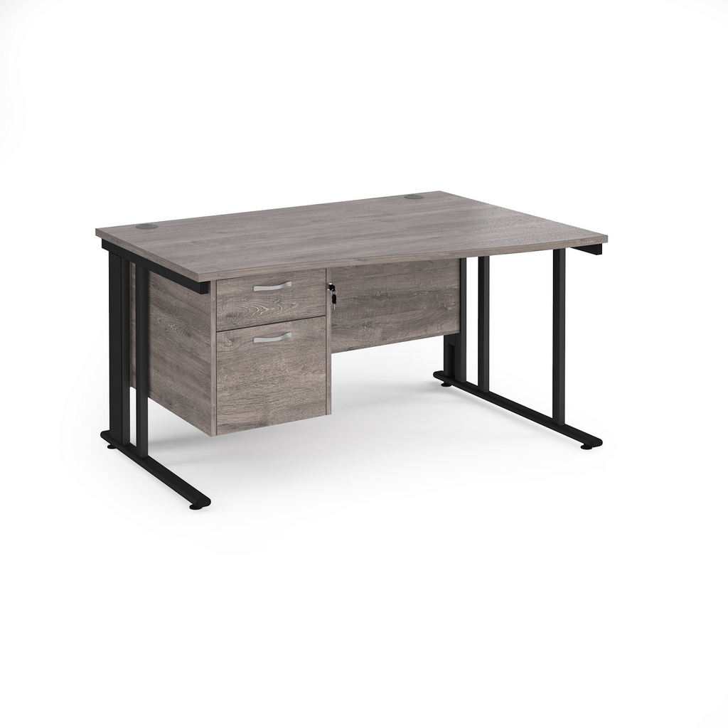 Picture of Maestro 25 right hand wave desk 1400mm wide with 2 drawer pedestal - black cable managed leg frame, grey oak top