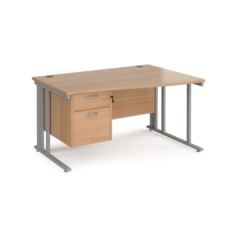 Picture of Maestro 25 right hand wave desk 1400mm wide with 2 drawer pedestal - silver cable managed leg frame, beech top