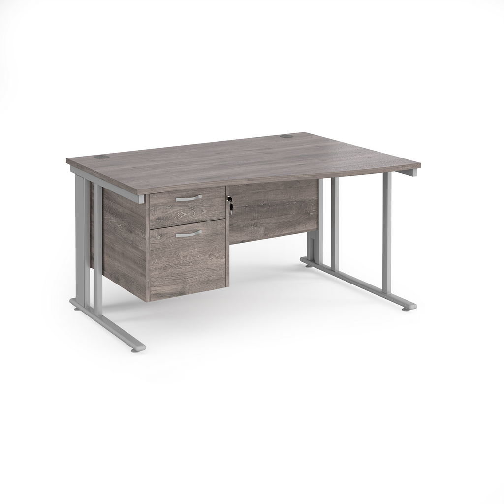 Picture of Maestro 25 right hand wave desk 1400mm wide with 2 drawer pedestal - silver cable managed leg frame, grey oak top