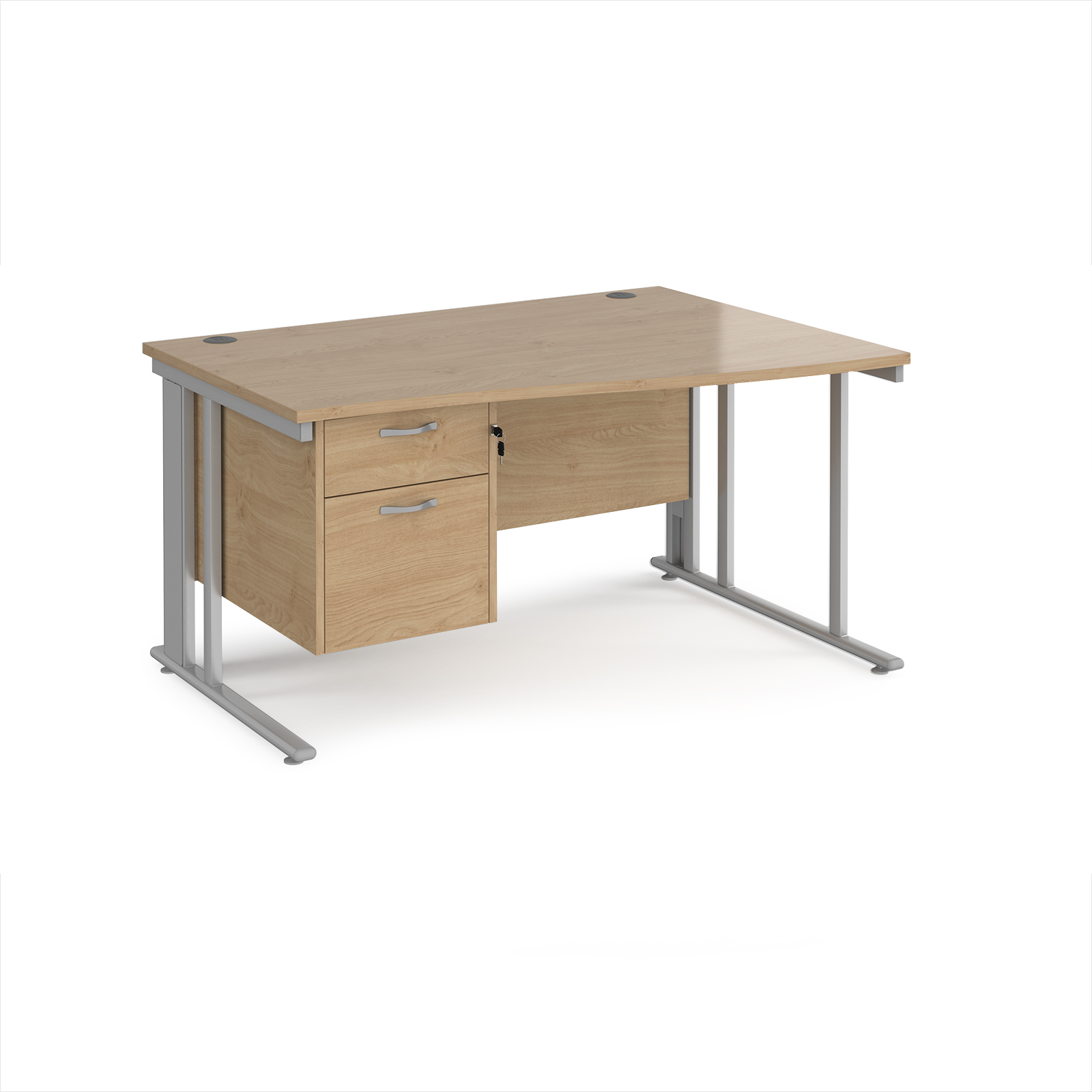 Picture of Maestro 25 right hand wave desk 1400mm wide with 2 drawer pedestal - silver cable managed leg frame, Kendal Oak Top