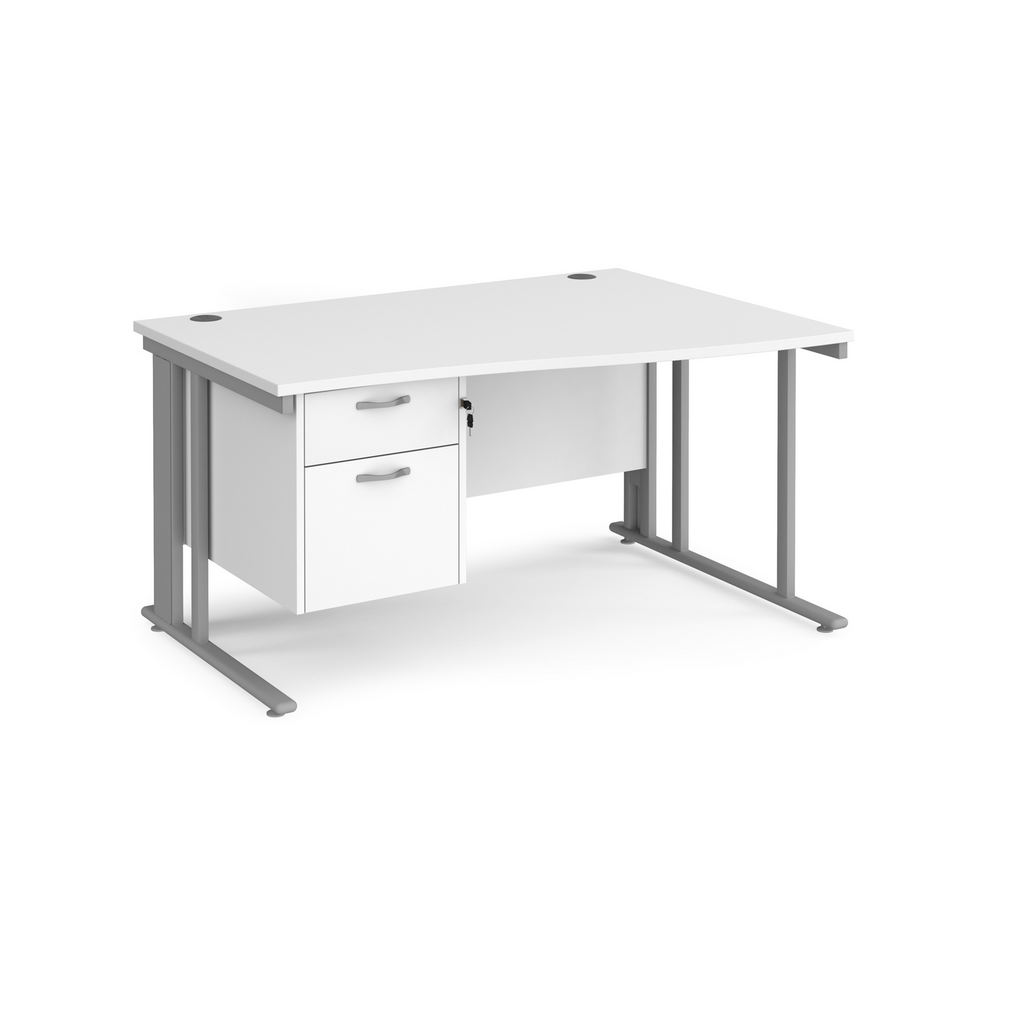 Picture of Maestro 25 right hand wave desk 1400mm wide with 2 drawer pedestal - silver cable managed leg frame, white top