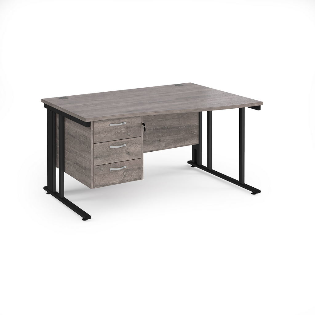 Picture of Maestro 25 right hand wave desk 1400mm wide with 3 drawer pedestal - black cable managed leg frame, grey oak top