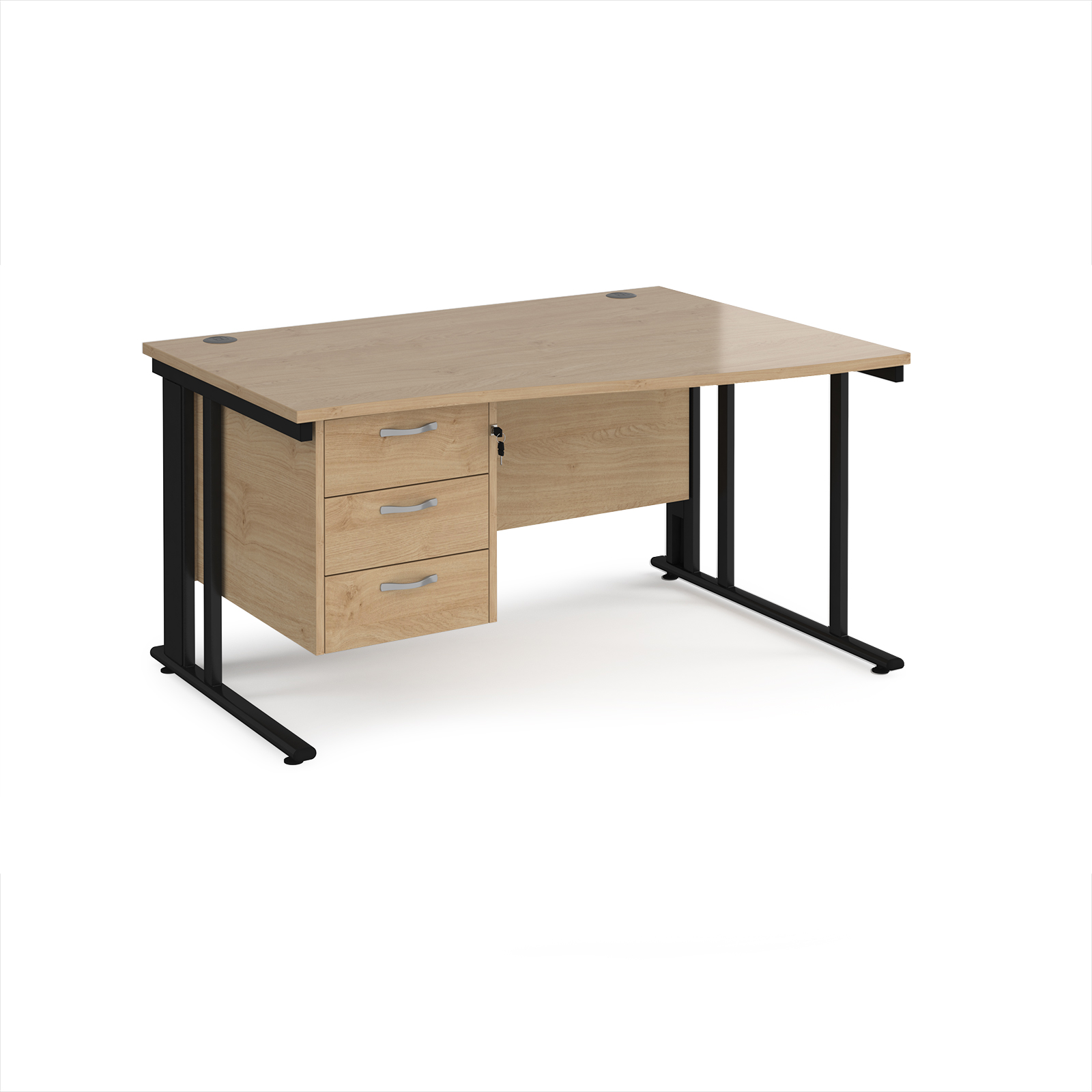Picture of Maestro 25 right hand wave desk 1400mm wide with 3 drawer pedestal - black cable managed leg frame, Kendal Oak Top