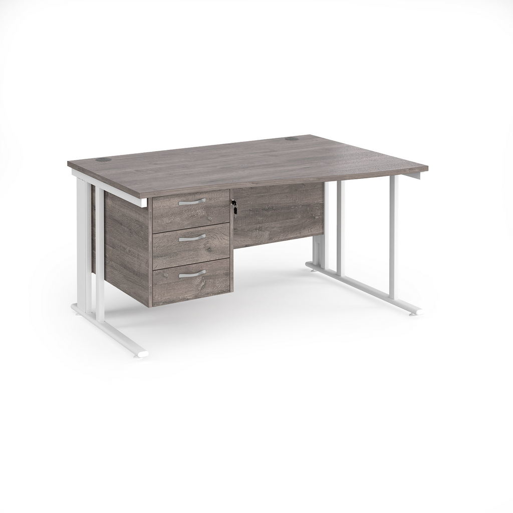 Picture of Maestro 25 right hand wave desk 1400mm wide with 3 drawer pedestal - white cable managed leg frame, grey oak top