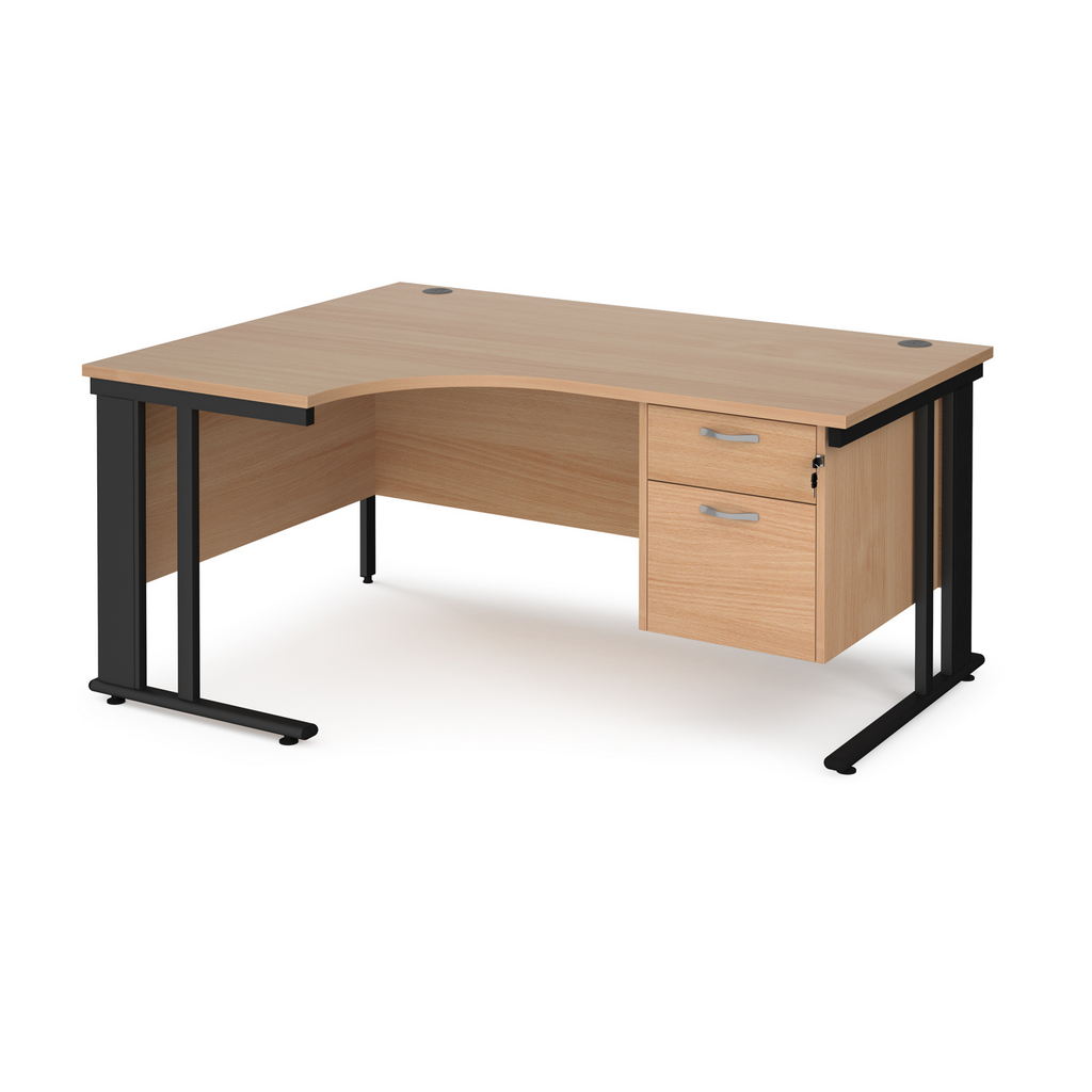 Picture of Maestro 25 left hand ergonomic desk 1600mm wide with 2 drawer pedestal - black cable managed leg frame, beech top