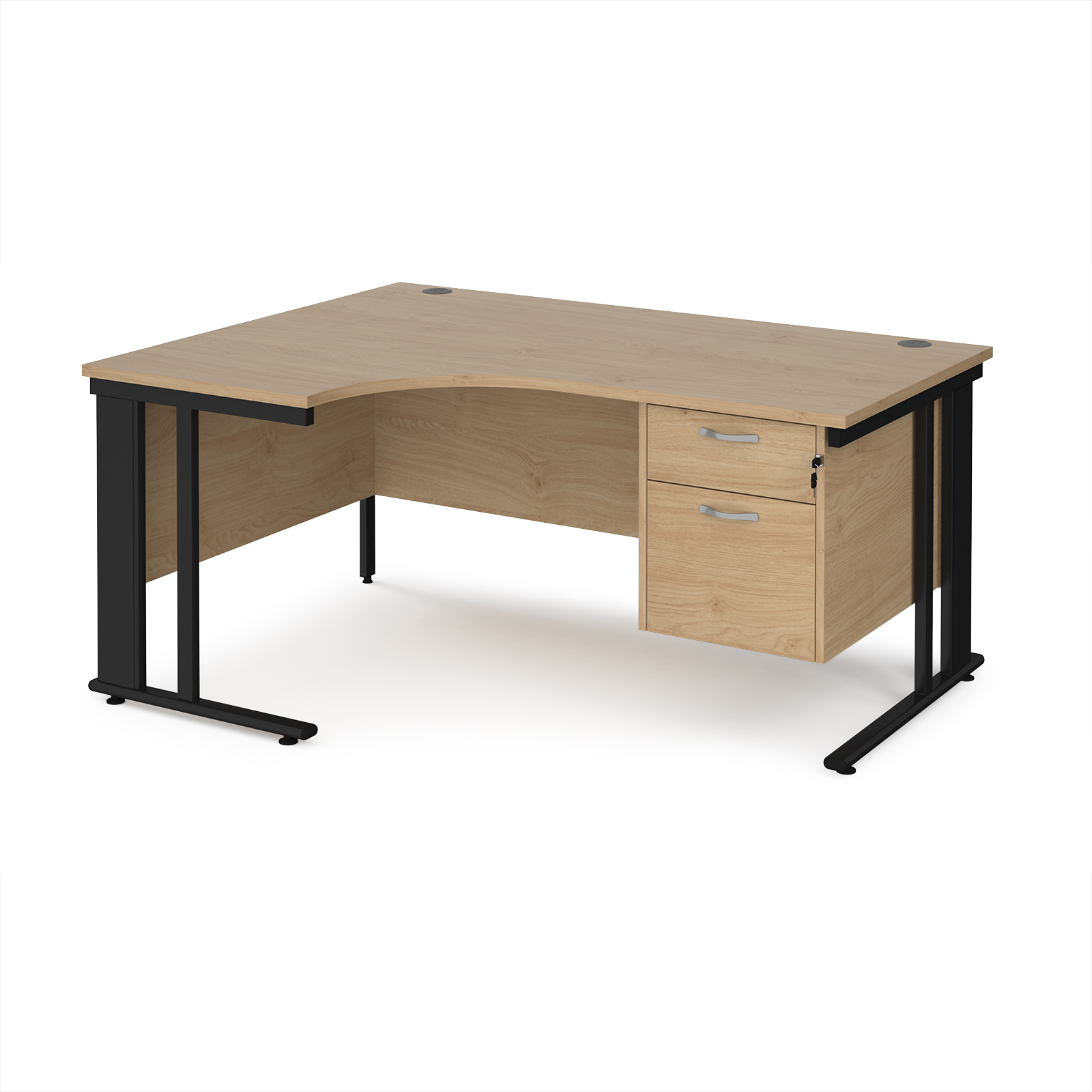 Picture of Maestro 25 left hand ergonomic desk 1600mm wide with 2 drawer pedestal - black cable managed leg frame, Kendal Oak Top