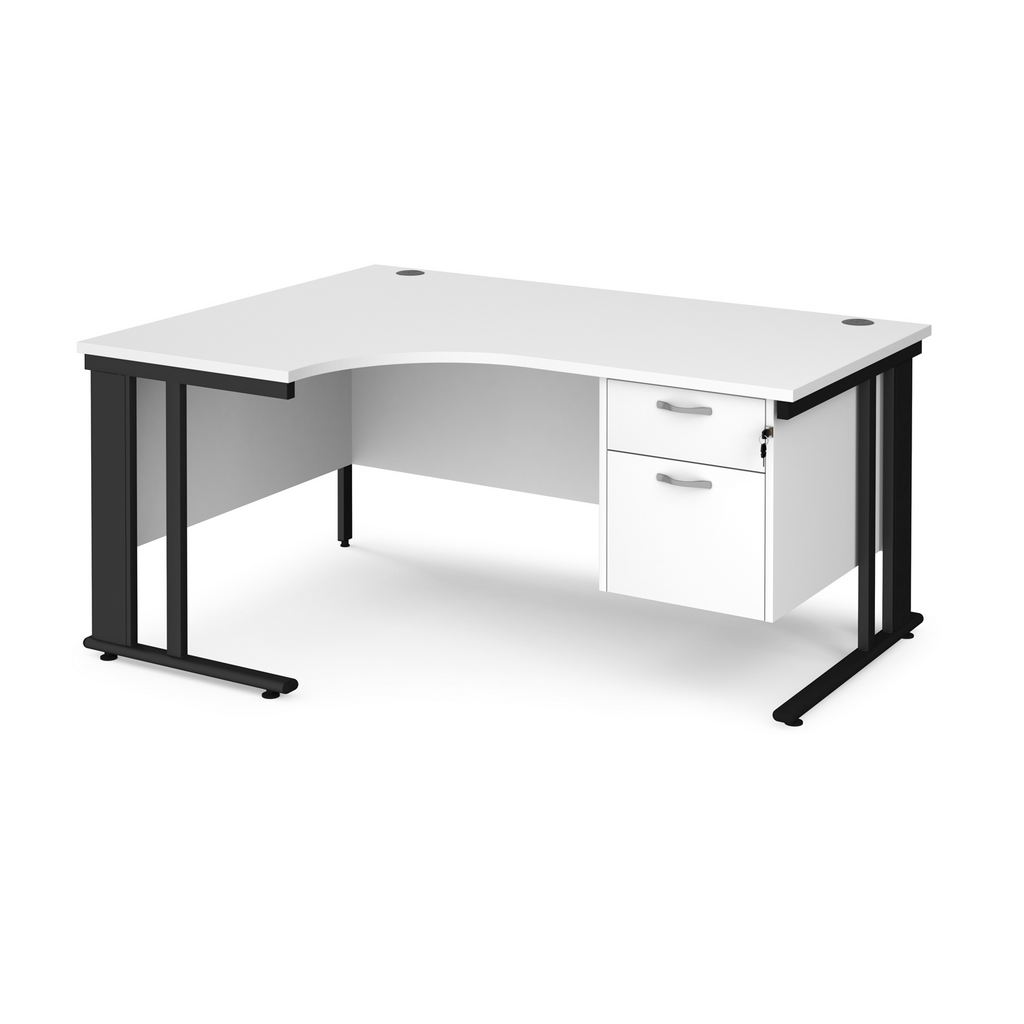 Picture of Maestro 25 left hand ergonomic desk 1600mm wide with 2 drawer pedestal - black cable managed leg frame, white top