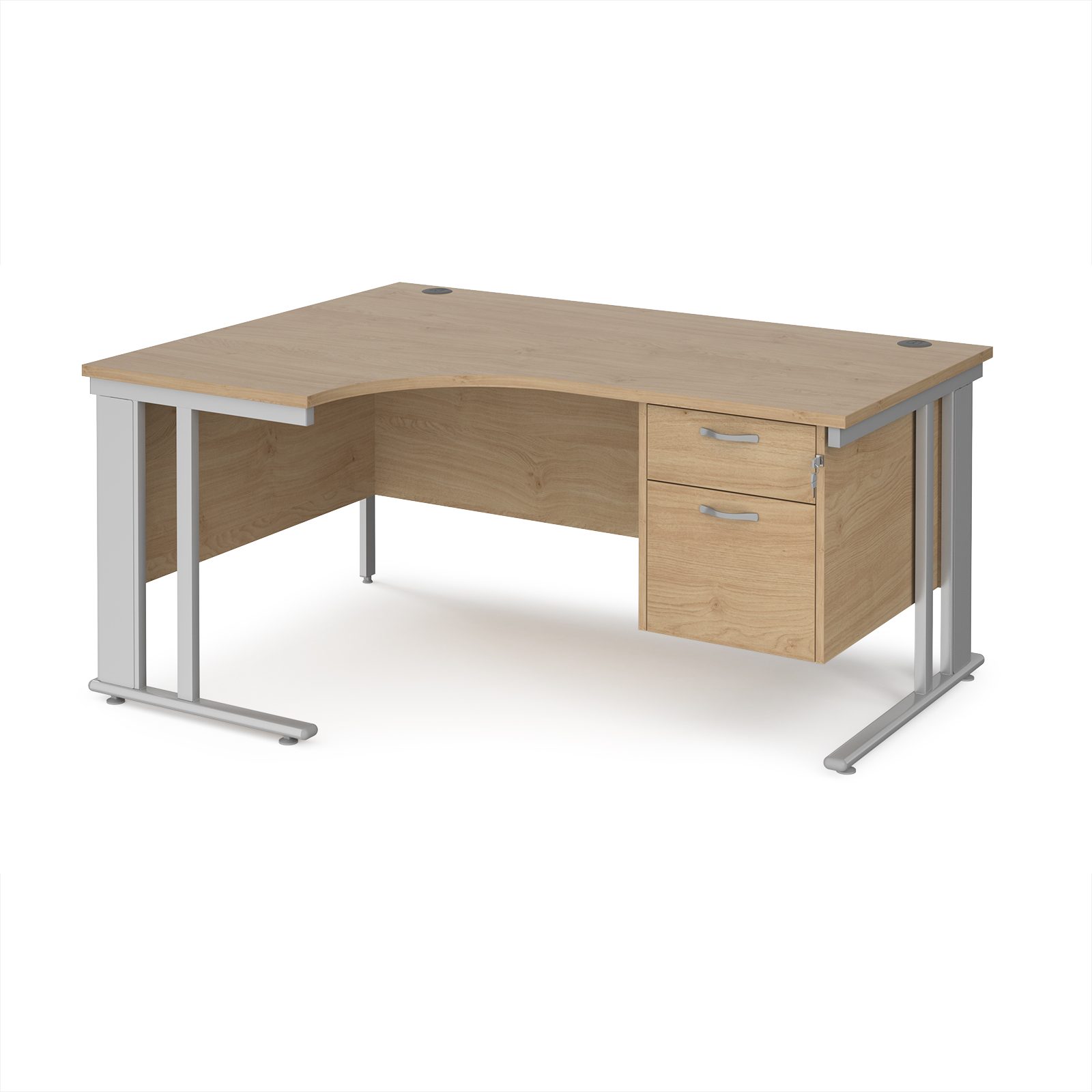 Picture of Maestro 25 left hand ergonomic desk 1600mm wide with 2 drawer pedestal - silver cable managed leg frame, Kendal Oak Top