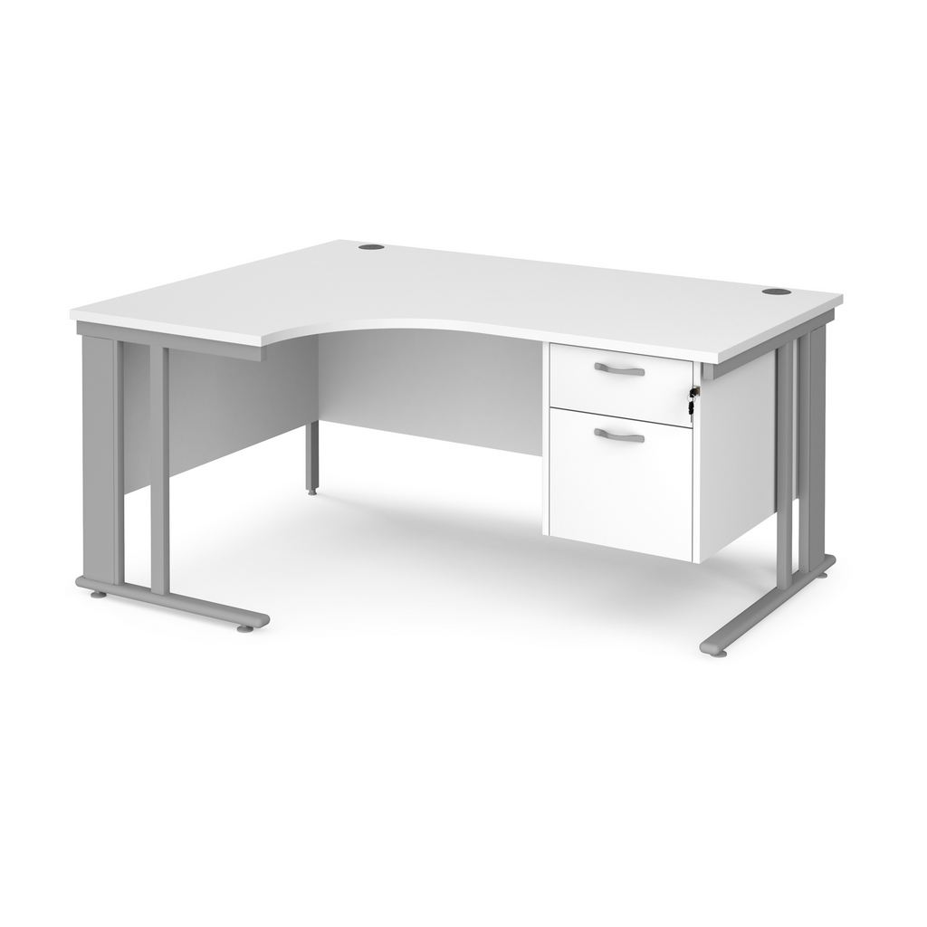 Picture of Maestro 25 left hand ergonomic desk 1600mm wide with 2 drawer pedestal - silver cable managed leg frame, white top