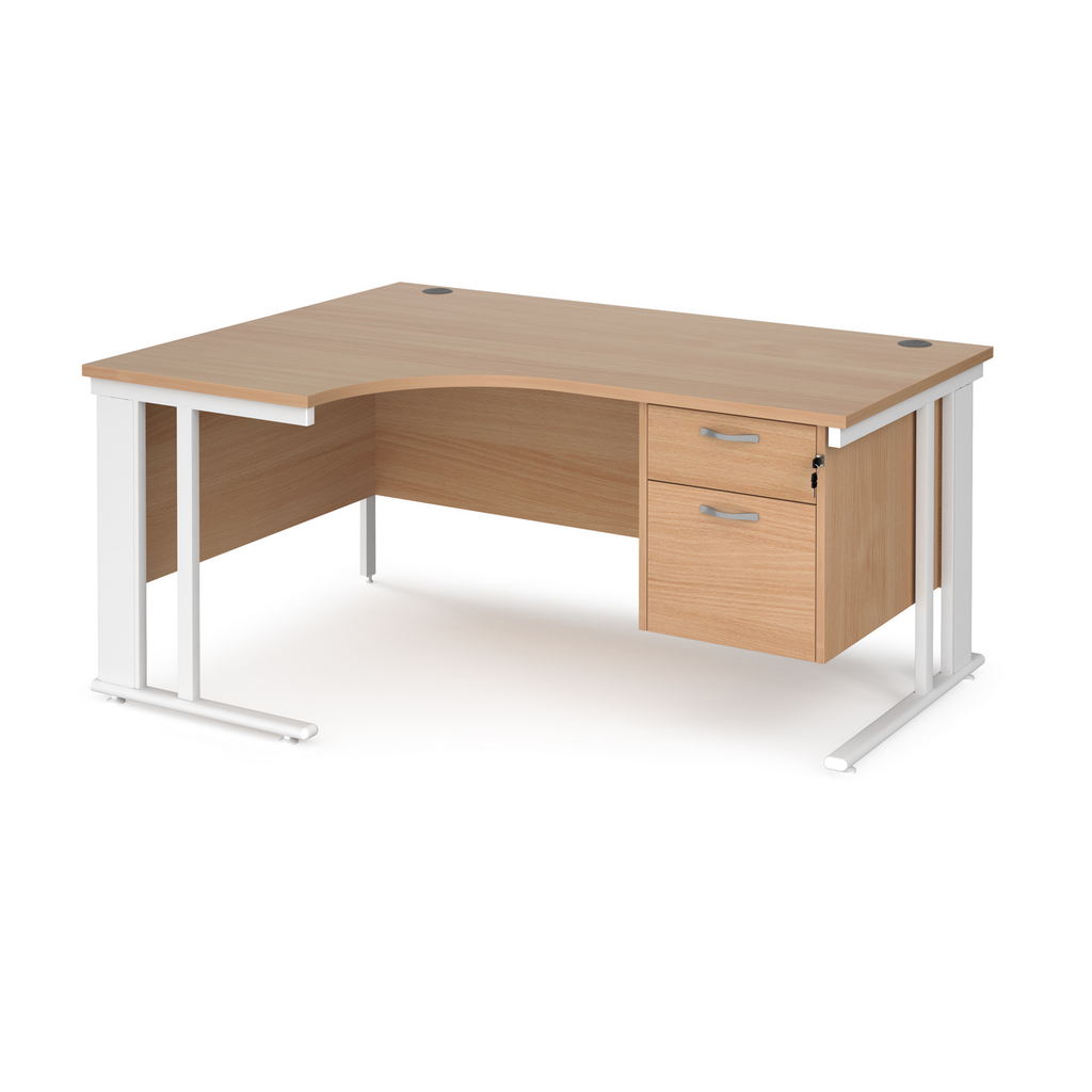 Picture of Maestro 25 left hand ergonomic desk 1600mm wide with 2 drawer pedestal - white cable managed leg frame, beech top