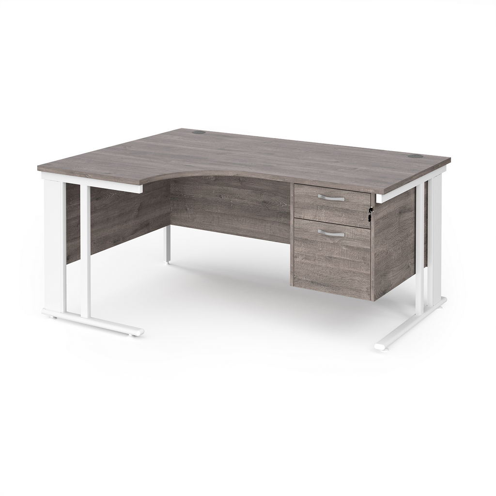 Picture of Maestro 25 left hand ergonomic desk 1600mm wide with 2 drawer pedestal - white cable managed leg frame, grey oak top