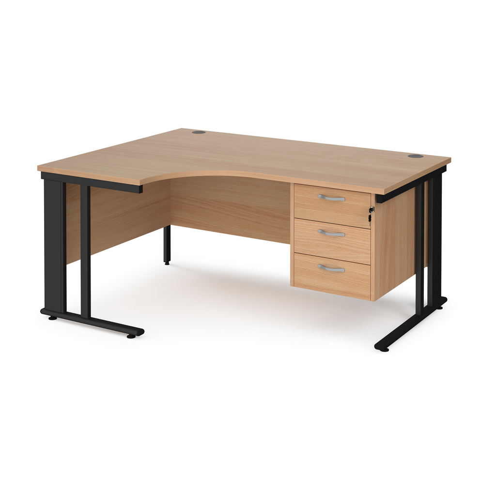 Picture of Maestro 25 left hand ergonomic desk 1600mm wide with 3 drawer pedestal - black cable managed leg frame, beech top
