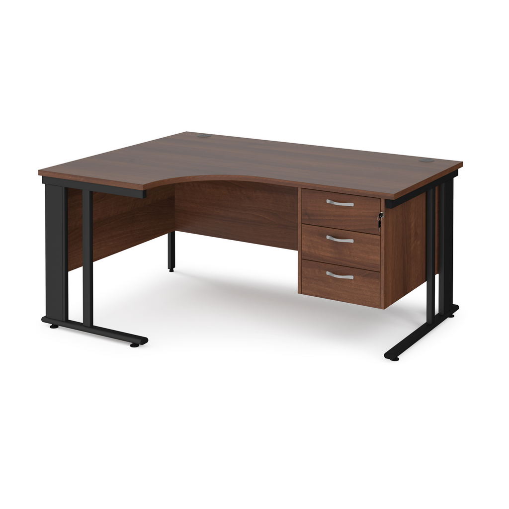 Picture of Maestro 25 left hand ergonomic desk 1600mm wide with 3 drawer pedestal - black cable managed leg frame, walnut top