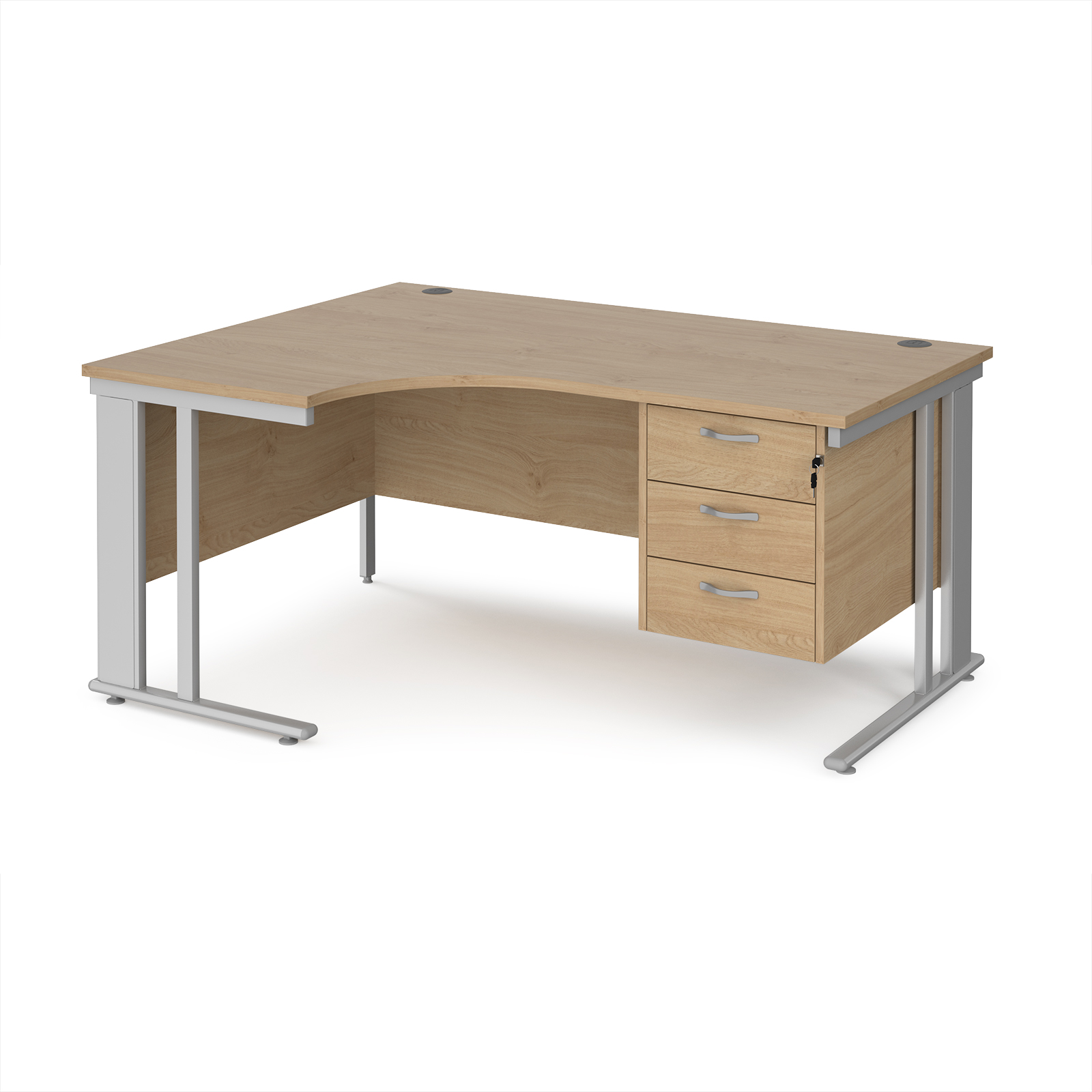 Picture of Maestro 25 left hand ergonomic desk 1600mm wide with 3 drawer pedestal - silver cable managed leg frame, Kendal Oak Top