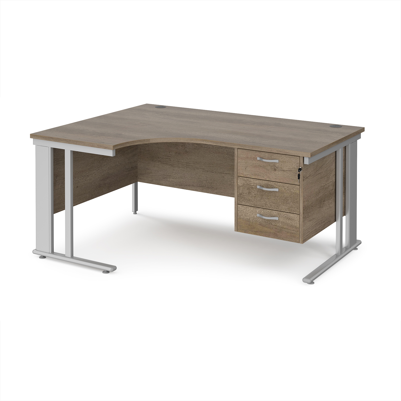 Picture of Maestro 25 left hand ergonomic desk 1600mm wide with 3 drawer pedestal - silver cable managed leg frame, Nebraska Oak Top