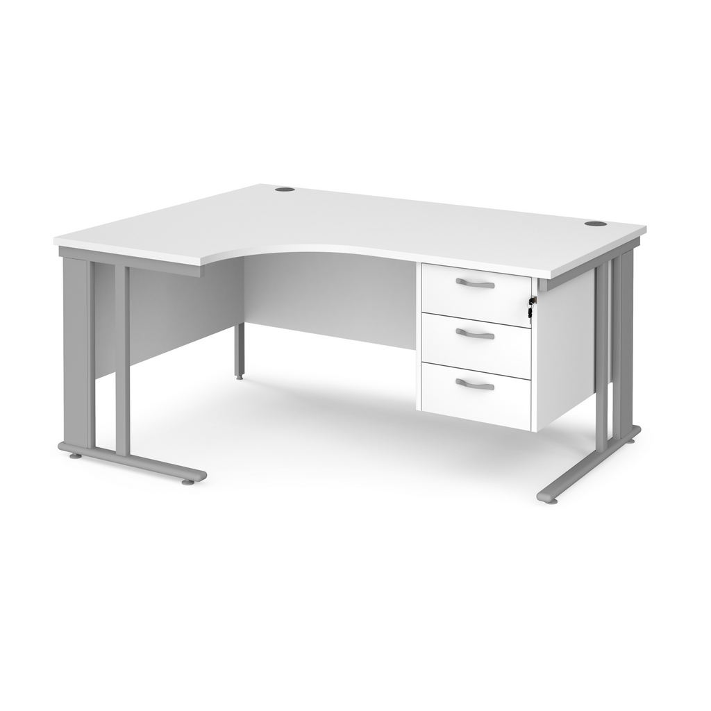 Picture of Maestro 25 left hand ergonomic desk 1600mm wide with 3 drawer pedestal - silver cable managed leg frame, white top