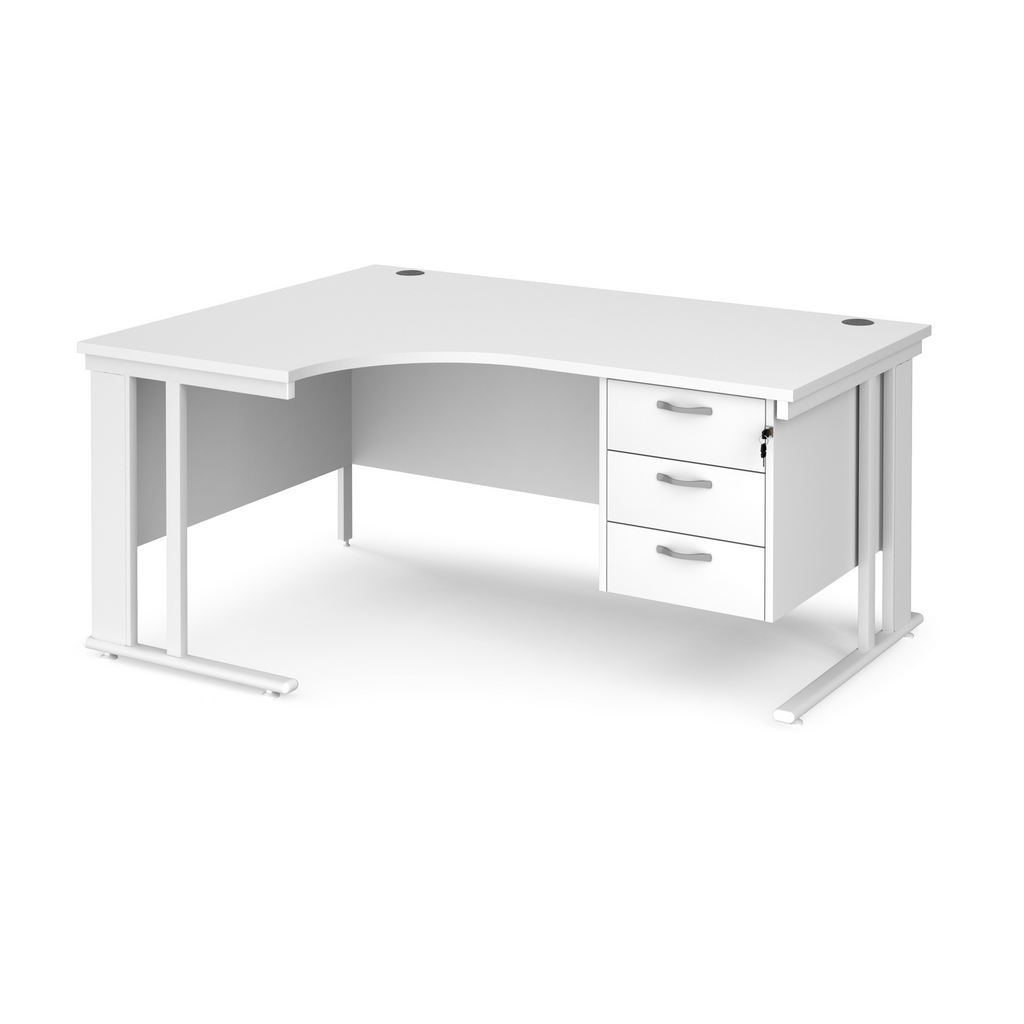 Picture of Maestro 25 left hand ergonomic desk 1600mm wide with 3 drawer pedestal - white cable managed leg frame, white top