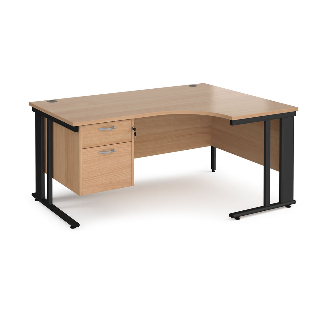 Picture of Maestro 25 right hand ergonomic desk 1600mm wide with 2 drawer pedestal - black cable managed leg frame, beech top