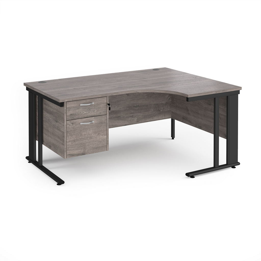 Picture of Maestro 25 right hand ergonomic desk 1600mm wide with 2 drawer pedestal - black cable managed leg frame, grey oak top