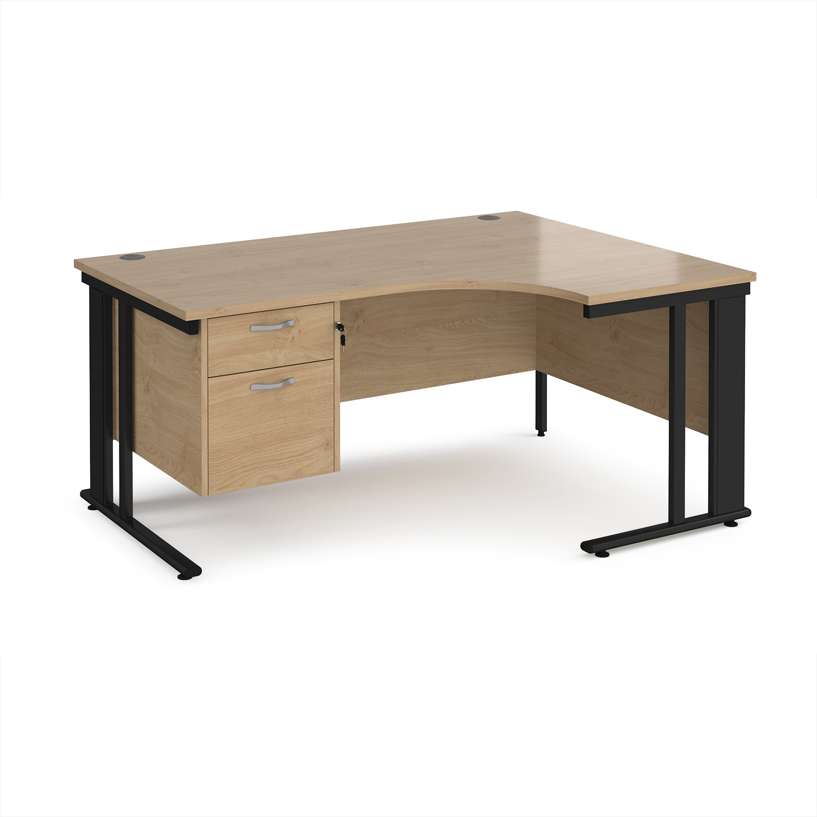 Picture of Maestro 25 right hand ergonomic desk 1600mm wide with 2 drawer pedestal - black cable managed leg frame, Kendal Oak Top