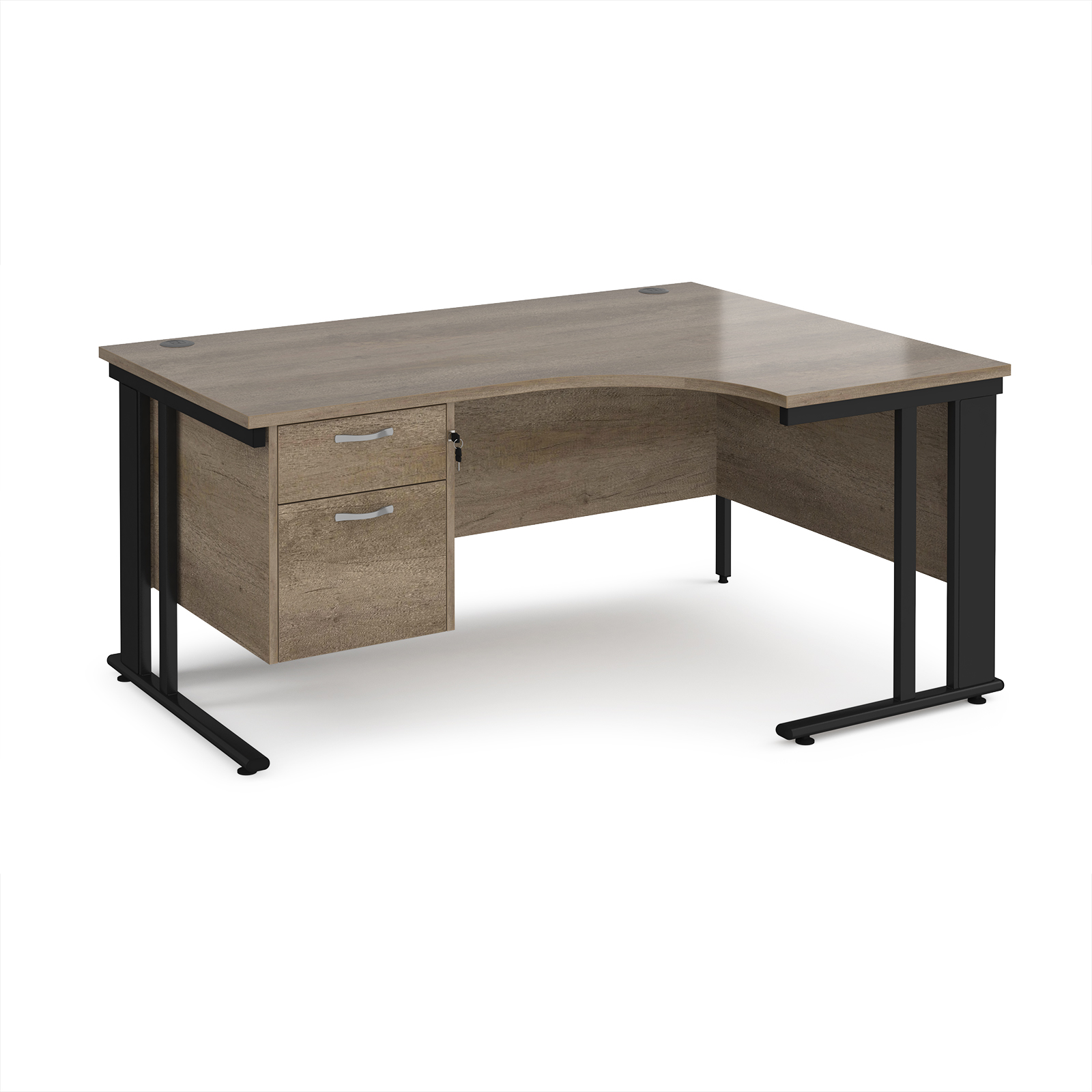 Picture of Maestro 25 right hand ergonomic desk 1600mm wide with 2 drawer pedestal - black cable managed leg frame, Nebraska Oak Top