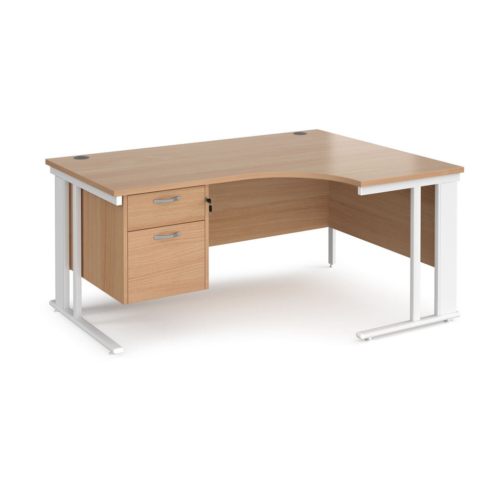 Picture of Maestro 25 right hand ergonomic desk 1600mm wide with 2 drawer pedestal - white cable managed leg frame, beech top