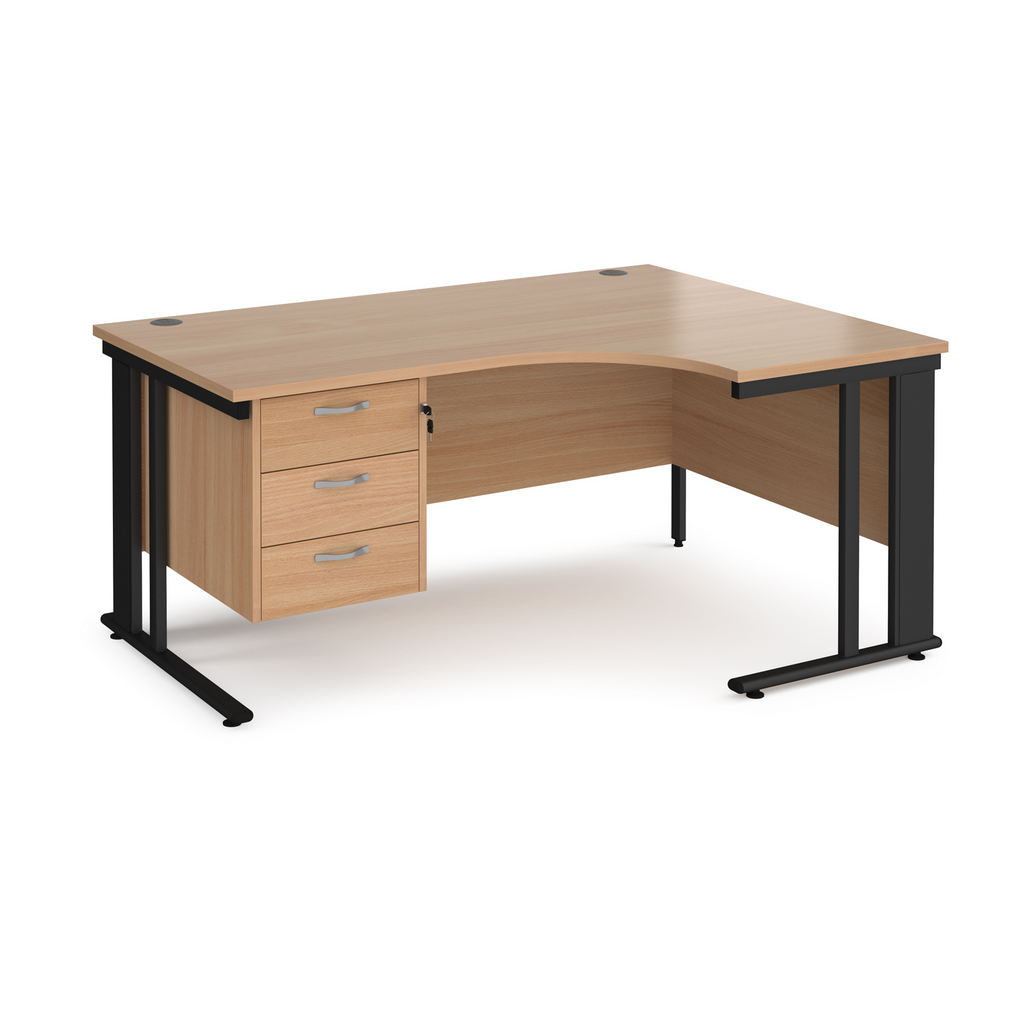 Picture of Maestro 25 right hand ergonomic desk 1600mm wide with 3 drawer pedestal - black cable managed leg frame, beech top