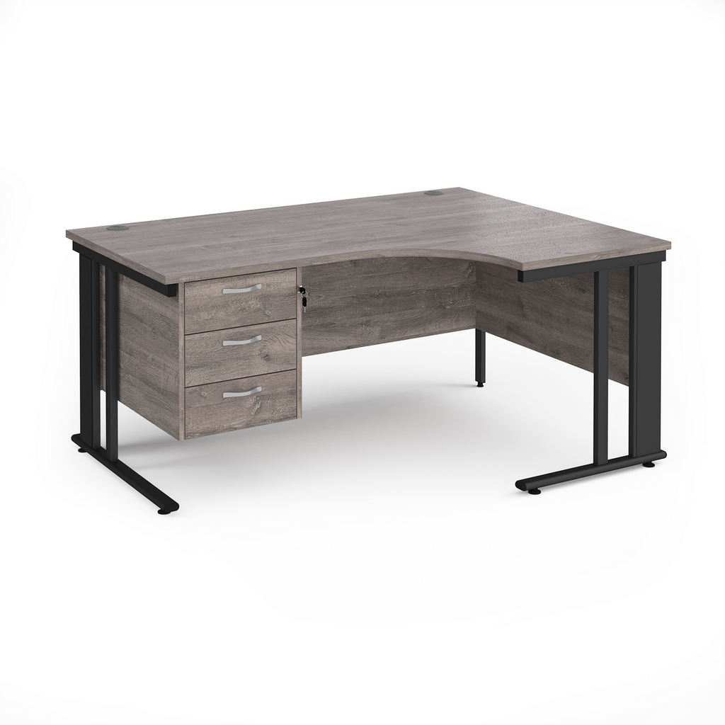 Picture of Maestro 25 right hand ergonomic desk 1600mm wide with 3 drawer pedestal - black cable managed leg frame, grey oak top