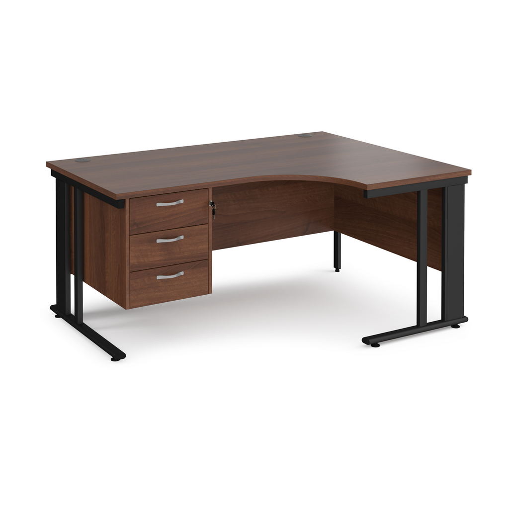 Picture of Maestro 25 right hand ergonomic desk 1600mm wide with 3 drawer pedestal - black cable managed leg frame, walnut top