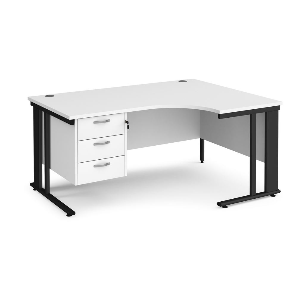 Picture of Maestro 25 right hand ergonomic desk 1600mm wide with 3 drawer pedestal - black cable managed leg frame, white top