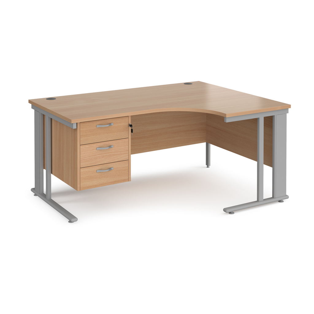 Picture of Maestro 25 right hand ergonomic desk 1600mm wide with 3 drawer pedestal - silver cable managed leg frame, beech top