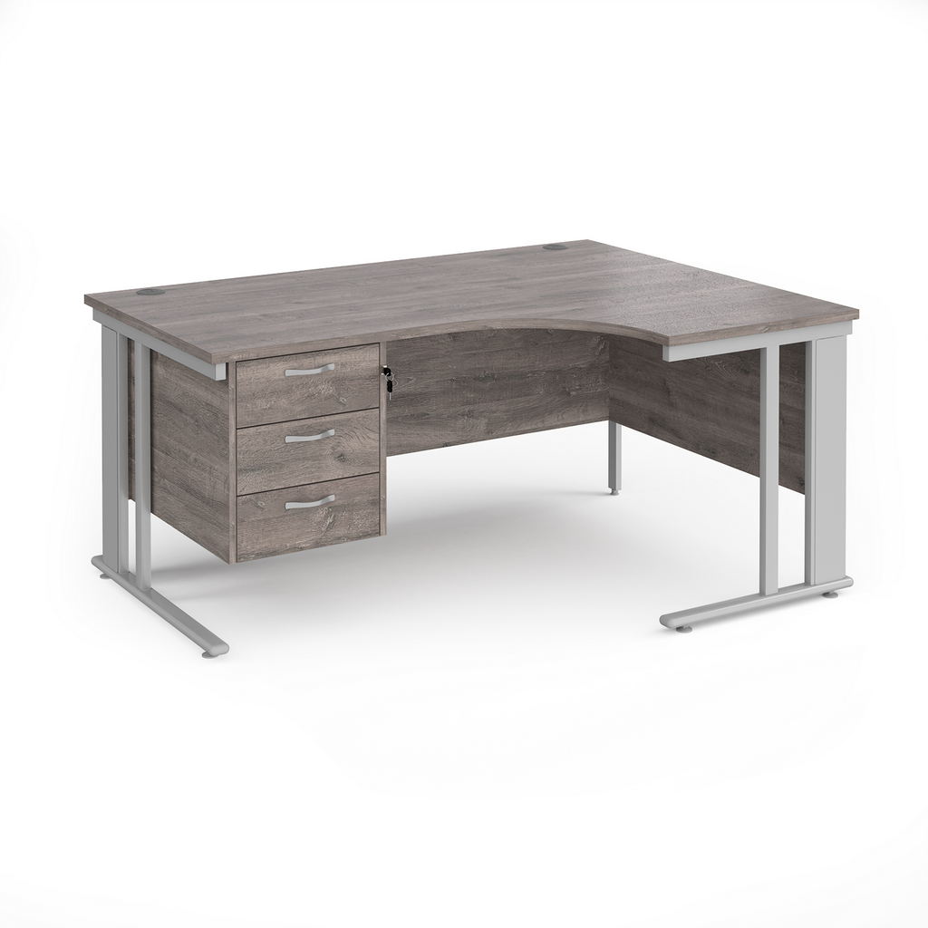 Picture of Maestro 25 right hand ergonomic desk 1600mm wide with 3 drawer pedestal - silver cable managed leg frame, grey oak top