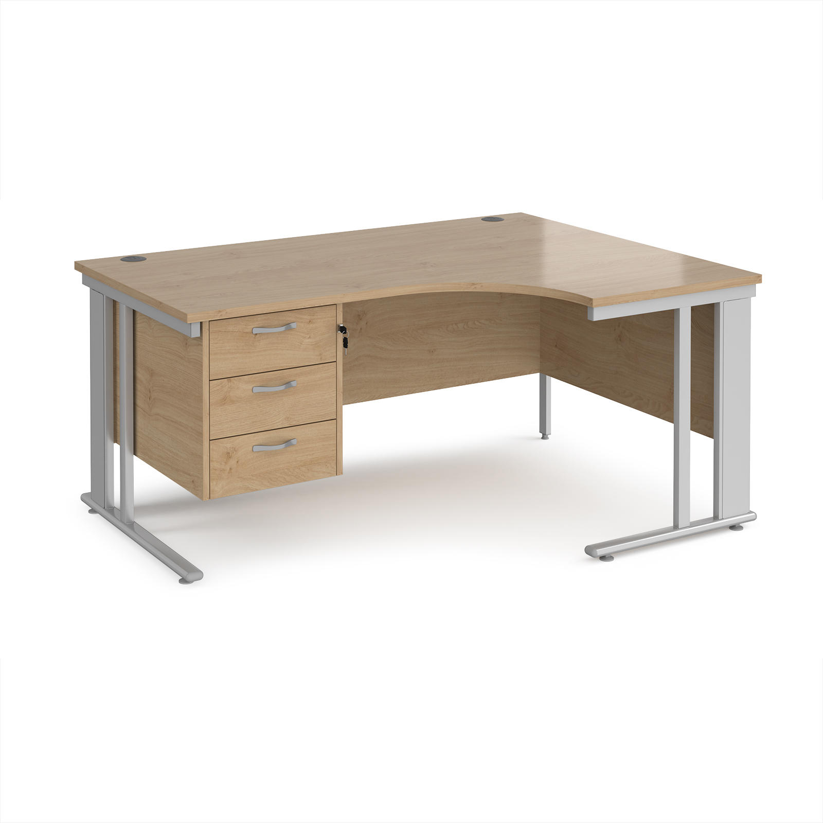 Picture of Maestro 25 right hand ergonomic desk 1600mm wide with 3 drawer pedestal - silver cable managed leg frame, Kendal Oak Top