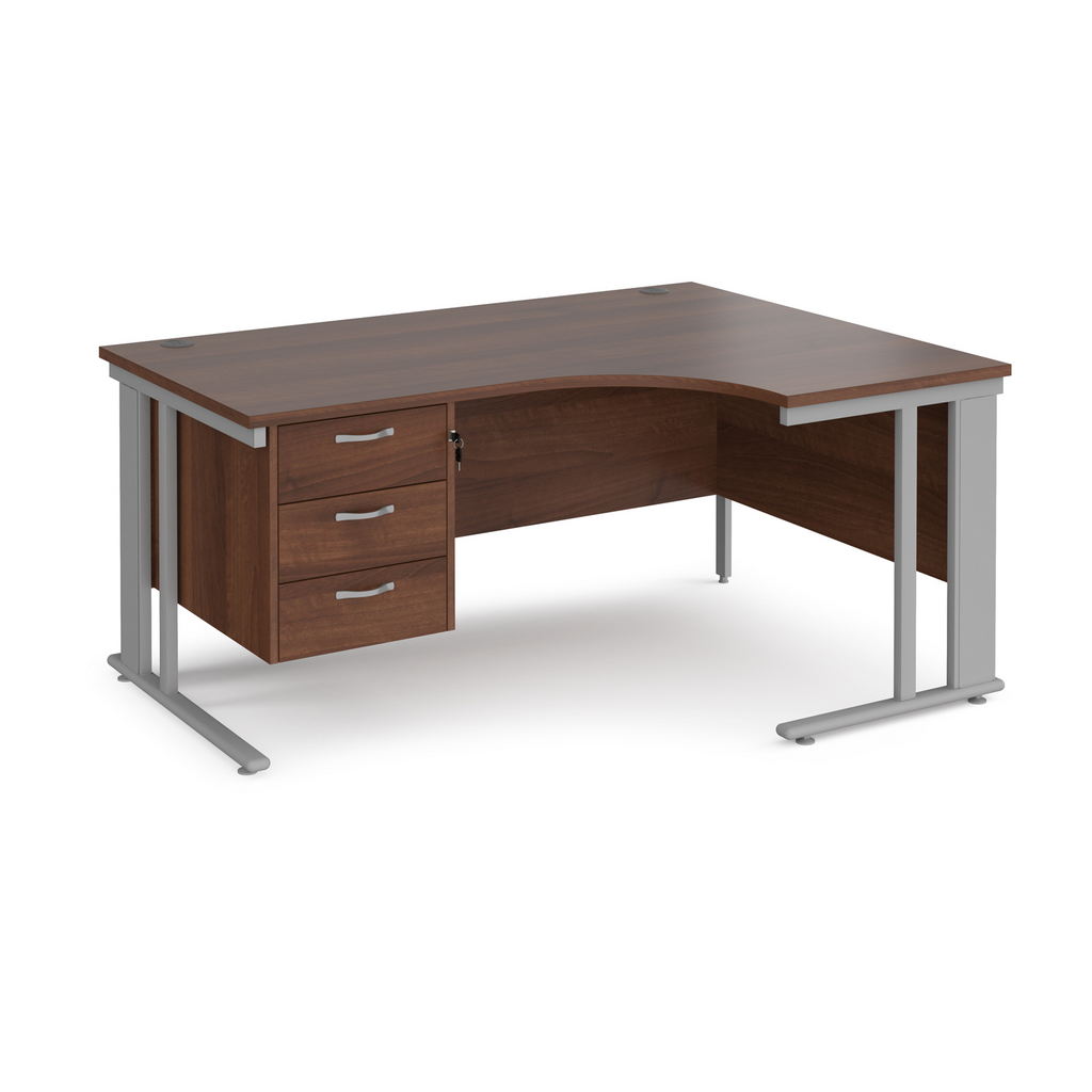 Picture of Maestro 25 right hand ergonomic desk 1600mm wide with 3 drawer pedestal - silver cable managed leg frame, walnut top