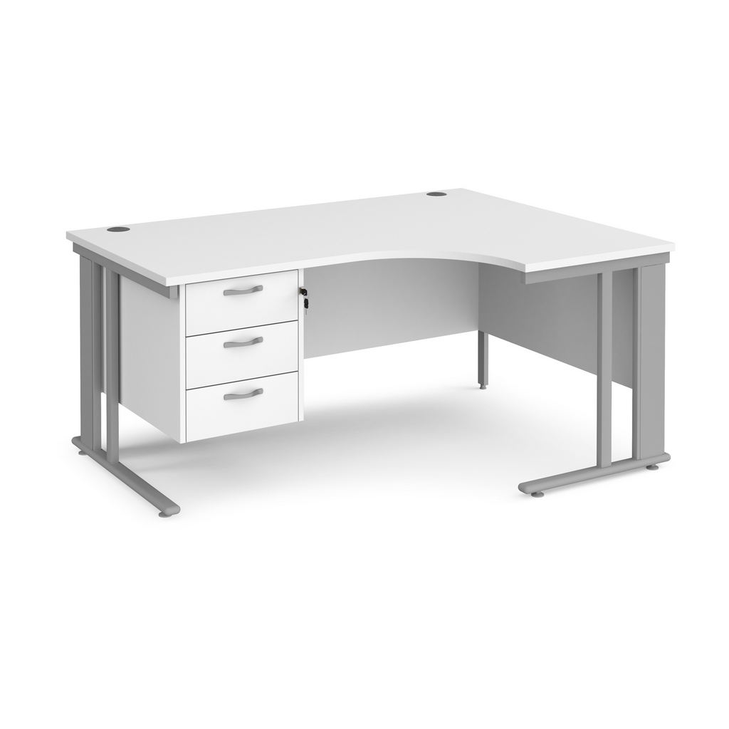 Picture of Maestro 25 right hand ergonomic desk 1600mm wide with 3 drawer pedestal - silver cable managed leg frame, white top