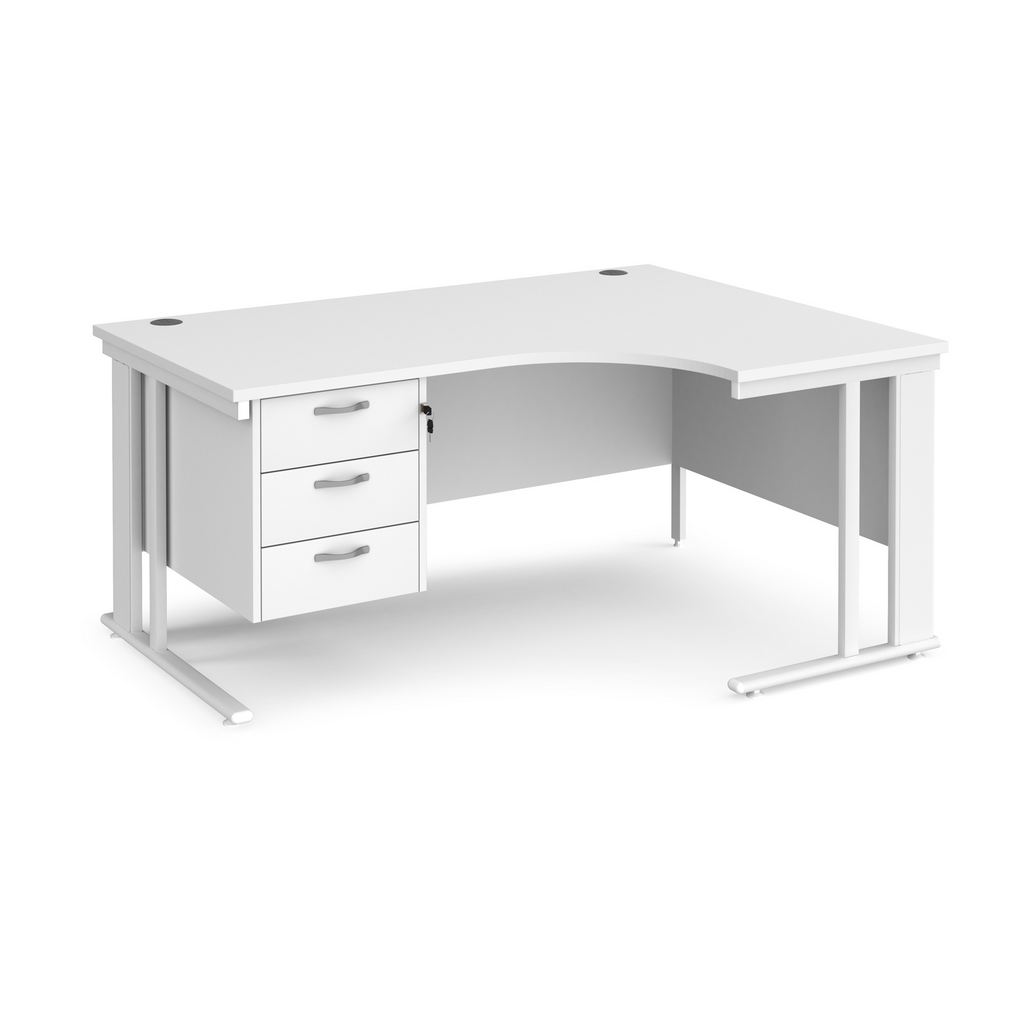 Picture of Maestro 25 right hand ergonomic desk 1600mm wide with 3 drawer pedestal - white cable managed leg frame, white top