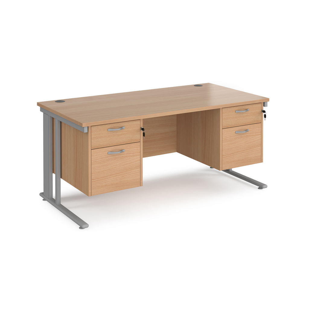 Picture of Maestro 25 straight desk 1600mm x 800mm with two x 2 drawer pedestals - silver cable managed leg frame, beech top