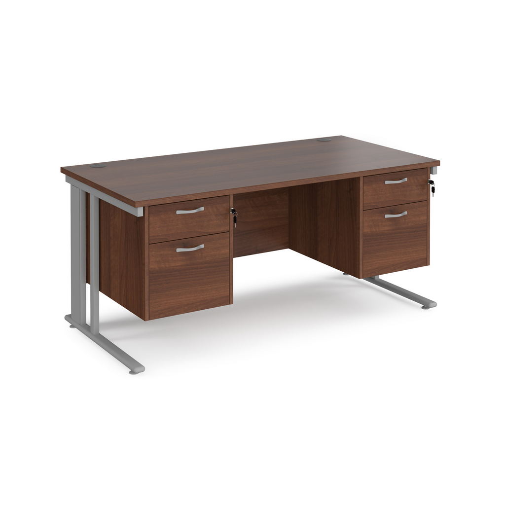 Picture of Maestro 25 straight desk 1600mm x 800mm with two x 2 drawer pedestals - silver cable managed leg frame, walnut top