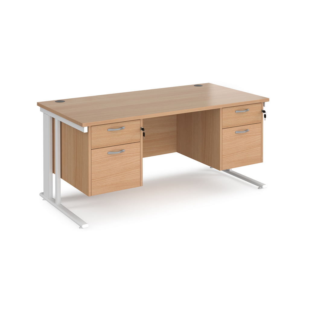 Picture of Maestro 25 straight desk 1600mm x 800mm with two x 2 drawer pedestals - white cable managed leg frame, beech top