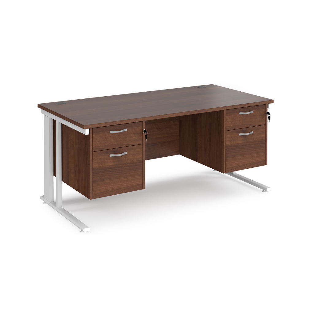 Picture of Maestro 25 straight desk 1600mm x 800mm with two x 2 drawer pedestals - white cable managed leg frame, walnut top