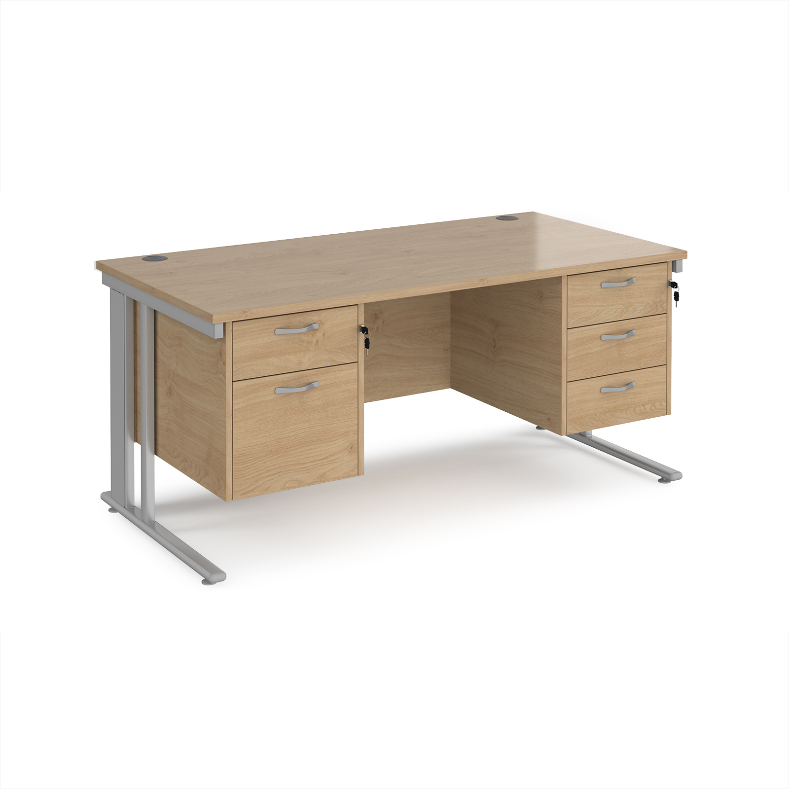 Picture of Maestro 25 straight desk 1600mm x 800mm with 2 and 3 drawer pedestals - silver cable managed leg frame, Kendal Oak Top