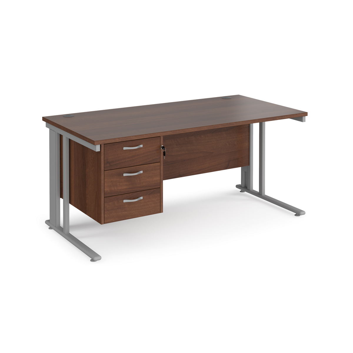Picture of Maestro 25 straight desk 1600mm x 800mm with 3 drawer pedestal - silver cable managed leg frame, walnut top