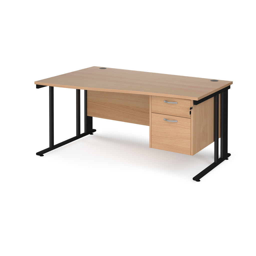 Picture of Maestro 25 left hand wave desk 1600mm wide with 2 drawer pedestal - black cable managed leg frame, beech top