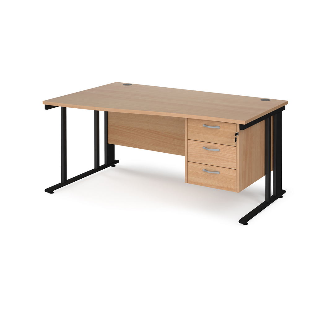 Picture of Maestro 25 left hand wave desk 1600mm wide with 3 drawer pedestal - black cable managed leg frame, beech top